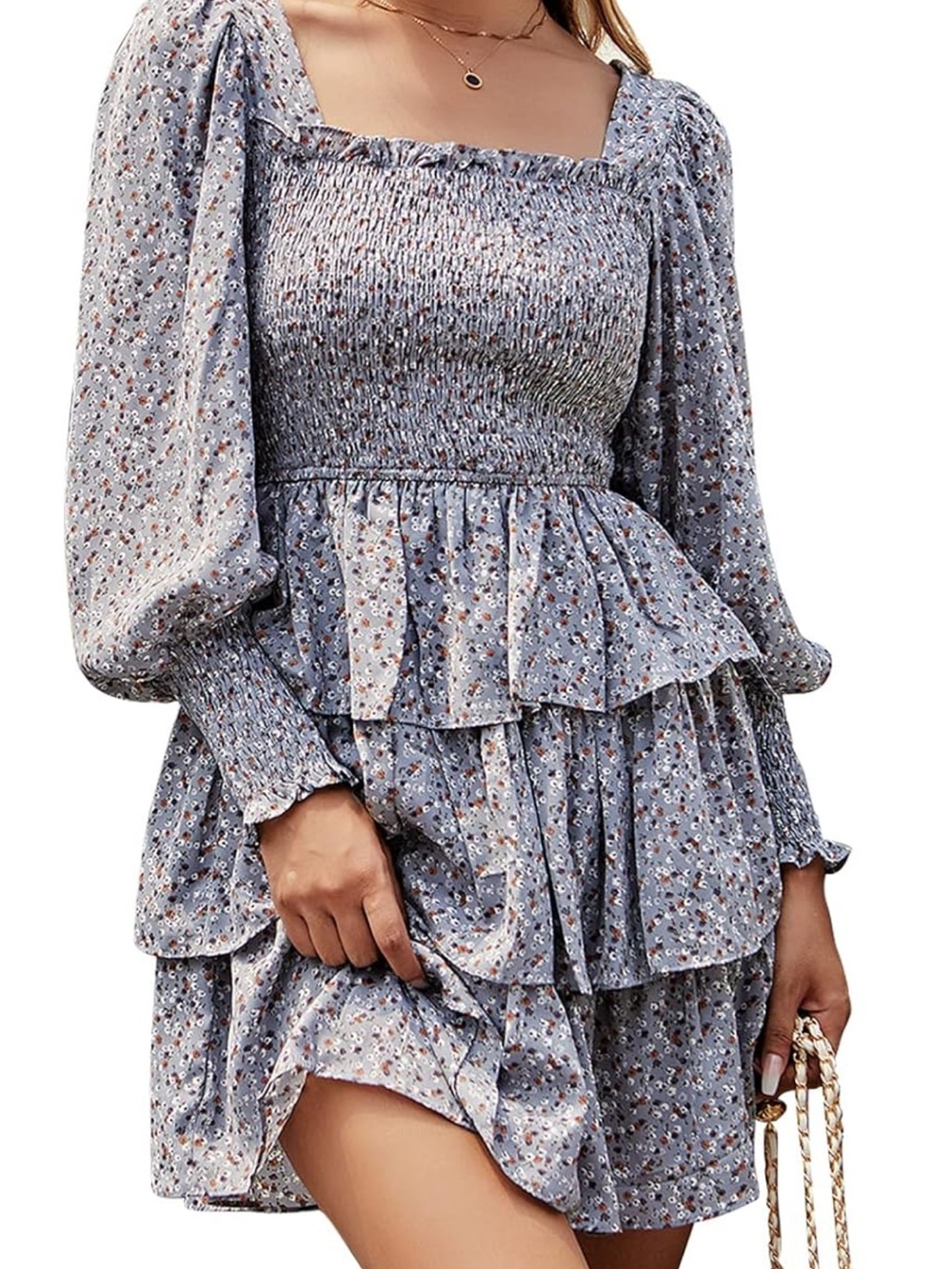 Smocked Square-Neck Tiered Mini Dress - Blue Floral